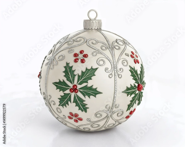 Fototapeta Christmas ornament with holly leaves and berries isolated on white background