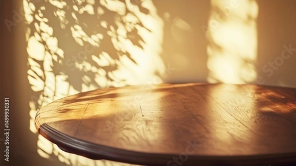 Obraz Rustic wooden table with sunlight and leaf shadows on wall in warm cozy interior