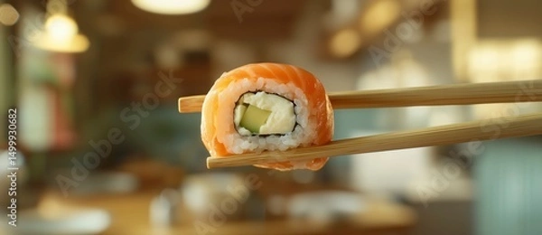 Obraz Salmon sushi roll held with chopsticks in Japanese restaurant interior