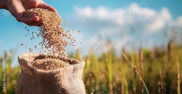 Obraz Fresh rice grains falling from hand into burlap sack
