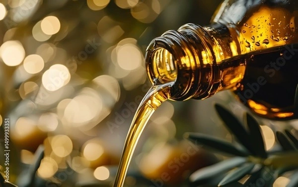 Obraz Olive oil pouring from bottle with blurred background, copy space