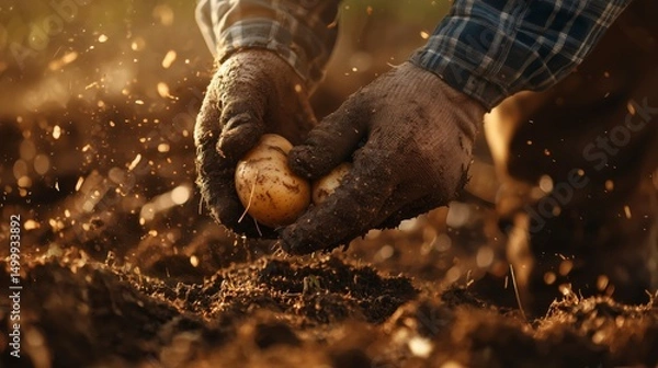Obraz Farmer harvesting fresh potatoes from soil