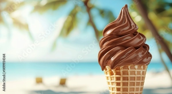 Obraz Chocolate ice cream cone melting on tropical beach with palm trees in background