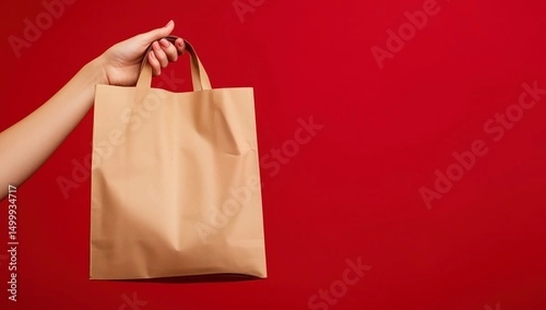 Obraz Hand holding paper bag, red background with copy space