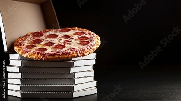 Obraz Pepperoni pizza in delivery box, black background and copy space