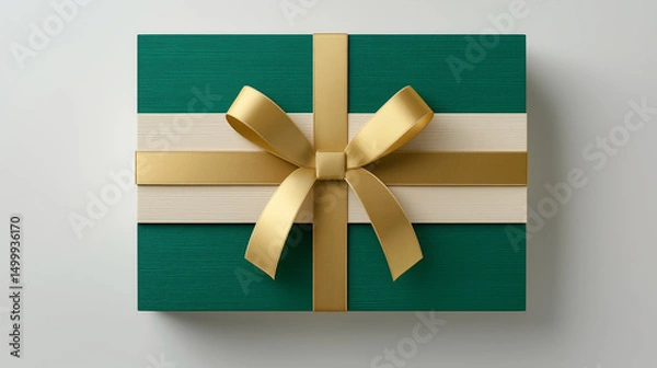 Fototapeta Colorful gift box with a gold ribbon presented on a plain background for celebration or special occasion
