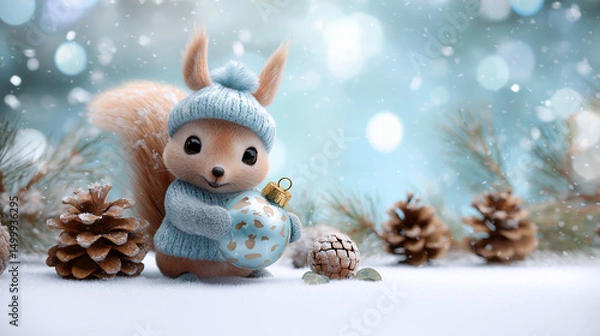 Fototapeta Squirrel wearing a blue hat holds a decorative ornament surrounded by pine cones in a snowy forest during winter