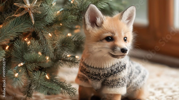 Fototapeta Cute fox pup in festive sweater near decorated Christmas tree during winter morning