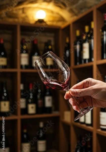 Fototapeta Wine tasting in cellar with red wine glass and varied bottle collection