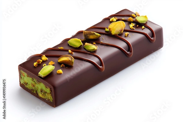 Fototapeta Sweet chocolate bar with pistachio filling and crunchy toppings on a white background