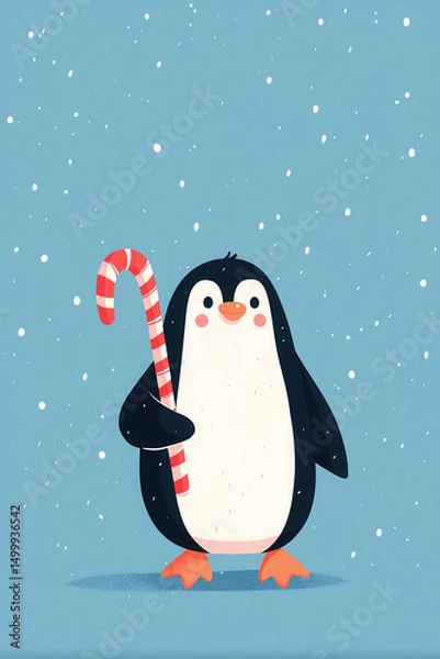 Fototapeta Cute penguin holding a candy cane in a snowy winter landscape with light snowfall