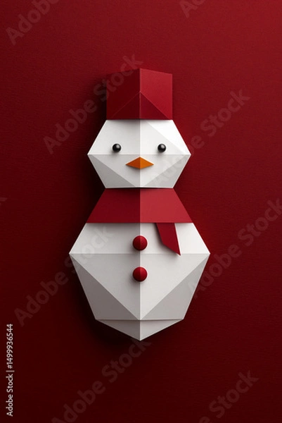 Fototapeta Creative origami snowman decoration against a vibrant red background for a festive winter atmosphere