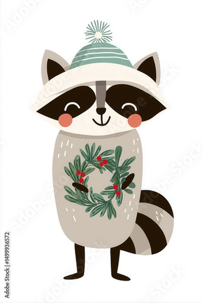 Fototapeta Raccoon wearing a winter hat and holding a festive wreath in a cheerful and playful illustration for the holiday season