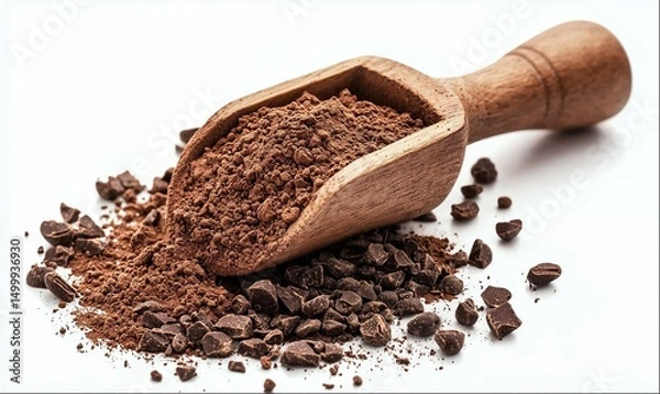 Obraz Chocolate powder in wooden scoop isolated on white background