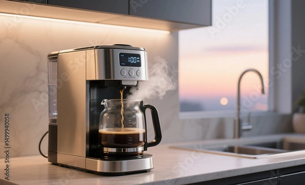 Obraz Programmable Coffee Maker Brewing Fresh Coffee in Modern Kitchen with Marble Countertop and Digital Timer Display