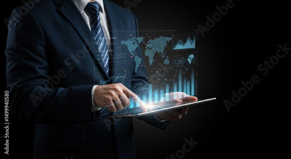 Obraz Business Insights: Man Analyzing Global Market Data & Growth Charts on Tablet. Investment Strategy, Financial Analysis & Tech Solutions Concept.