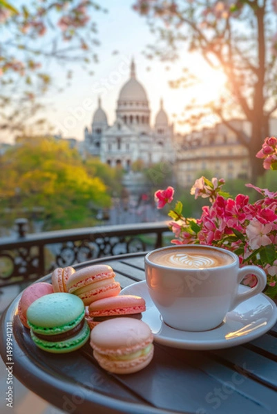 Fototapeta paris coffee plate macarons table latte