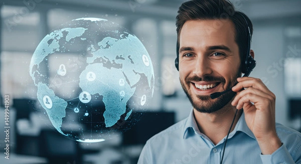 Obraz Global Support: Friendly Tech Agent with Headset Connecting the World. Customer Service Solutions, Tech Support, Virtual Assistance