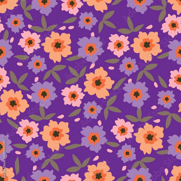 Fototapeta Cute floral pattern. Seamless vector pattern. Elegant template for fashion prints. Small pink and blue flowers for folk print. White background. Stock vector