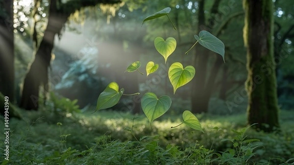 Fototapeta Heart Chakra Anahata, Heart-shaped leaves float in sunlit forest