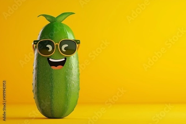 Fototapeta Funny cheerful cucumber on a yellow background with space for text.