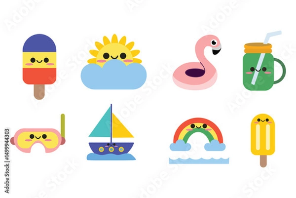 Fototapeta Cute summer holiday elements set. Hello summer. Suitable for clip art, stickers, flat design illustration, etc