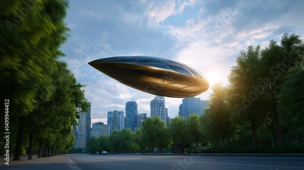 Fototapeta Air transport of the future. A smooth flying capsule in the air for transporting passengers or cargo.