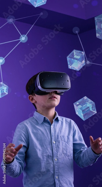 Obraz Immersive VR Experience: Boy Explores Virtual Reality with Futuristic Headset & Interactive Cubes in a Digital World.