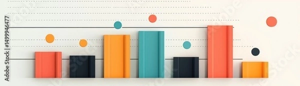 Fototapeta A colorful 3D bar chart with dotted line graphics and data points, representing analytics or statistical data visualization.