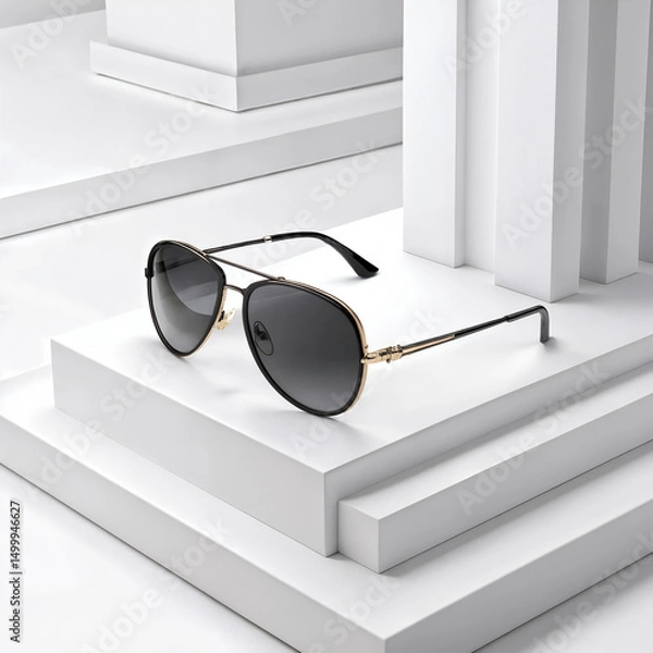 Fototapeta Black aviator sunglasses with gold accents displayed on a modern white geometric platform