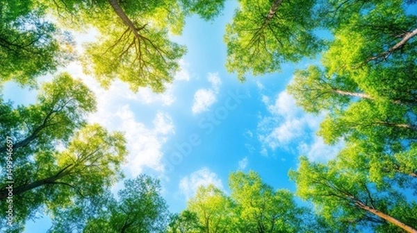 Fototapeta Upward View of Lush Green Canopy Under a Bright Sunny Sky