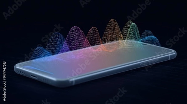 Obraz A modern smartphone with sound waves emanating from its display, symbolizing the power of voice and text communication technology. 