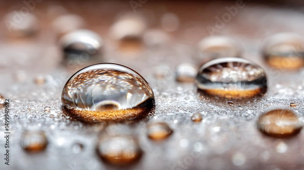 Obraz Macro Photography of Water Droplets Beading on Textured Surface with Natural Light Reflections