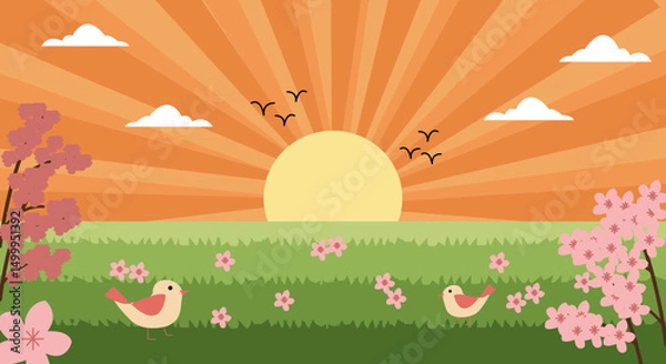 Obraz Vector illustration of a sunny summer landscape with green meadows, blooming sakura in a flat clean style.
