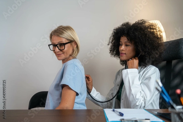 Fototapeta Confident African American doctor listening to heart and lungs of Caucasian patient.