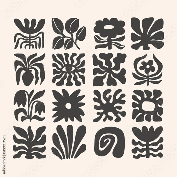 Fototapeta Trendy retro 70s-inspired groovy floral summer elements with leaf shapes, flowers blending modern and organic elements. Vector simple flat illustration.