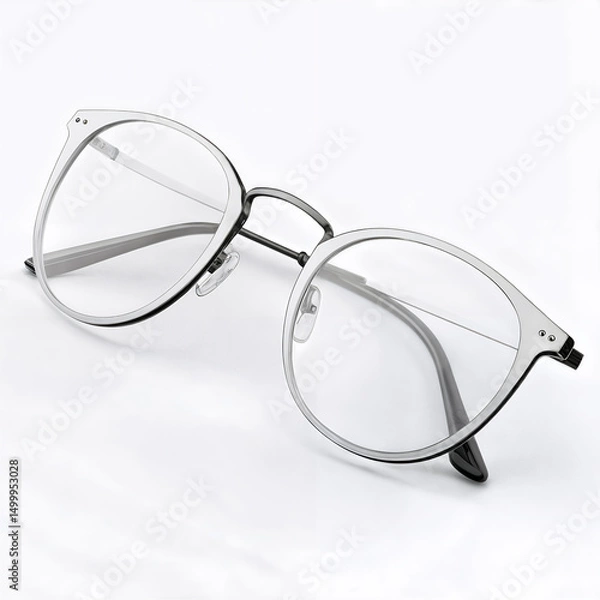 Fototapeta Elegant eyeglasses with silver and black frames isolated on white background offering a modern style