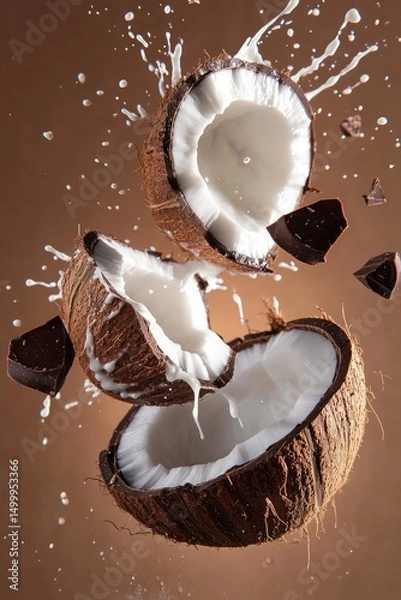Fototapeta Two halves of a coconut, milk splashing, chocolate pieces, brown background