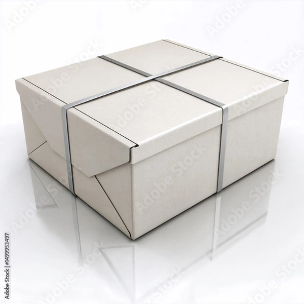 Fototapeta Beige box with silver straps isolated on white background reflecting its shadow on the surface