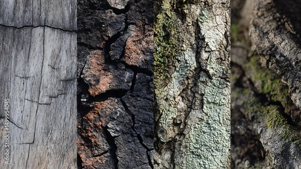 Obraz Close-up of Tree Bark Transformation Showing Four Stages from Smooth to Moss-Covered Weathered Texture
