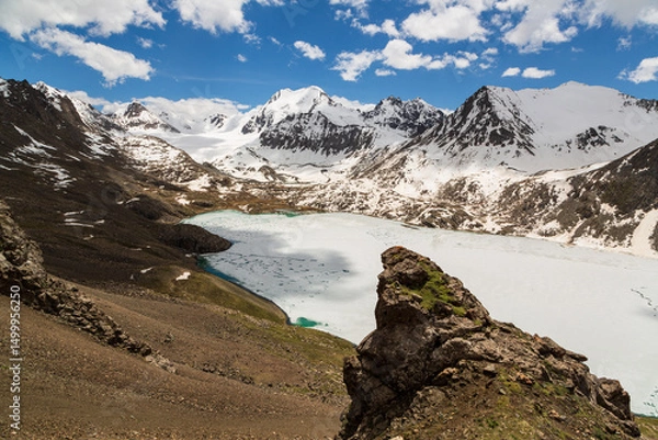 Obraz Panoramic view over the frozen lake Ala-Kul from the slope. Tien Shan. Kyrgyzstan