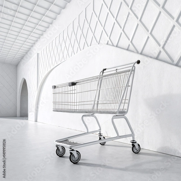 Fototapeta Shopping cart in a modern white architectural space with geometric patterns and arches
