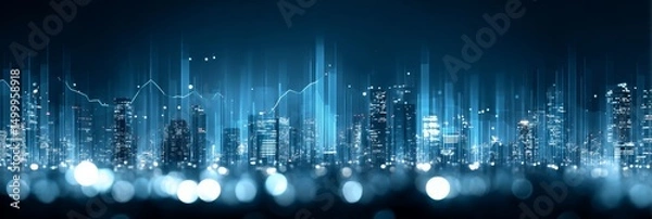 Fototapeta Cityscape at Night - Futuristic city skyline, glowing with data streams, symbolizing technology, innovation, progress, connectivity, and the future