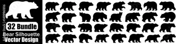 Fototapeta Bear set bundle silhouette and line art vector illustration
