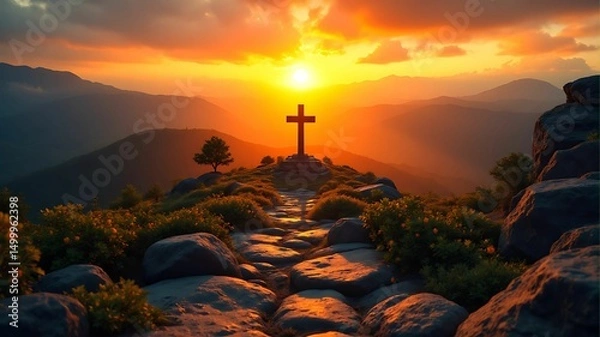 Fototapeta Mountain Cross at Sunset Path