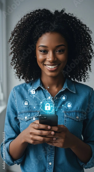 Obraz Secure Mobile Banking: Happy Woman Protected by Phone Security & Data Privacy, Using Financial Apps. Data Lock, Encryption, Authentication