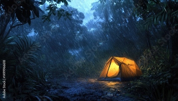 Fototapeta Illuminated tent in a rain-swept jungle