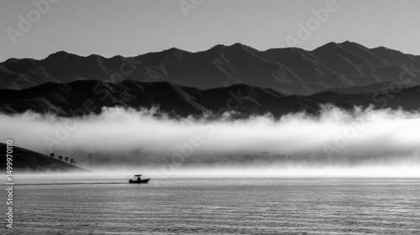 Fototapeta Serene Morning Fog Over Mountains and Lake - A solitary boat on calm water, shrouded in morning fog with majestic mountains in the background. A peaceful and tranquil scene