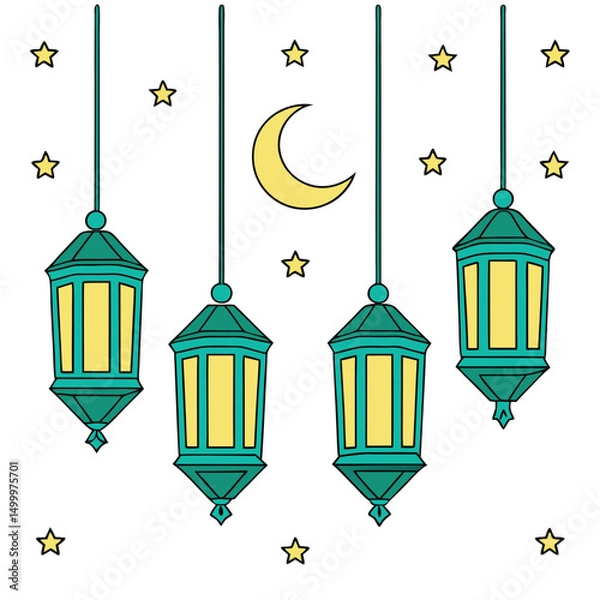 Obraz Four Hanging Teal Lanterns with Crescent Moon and Stars