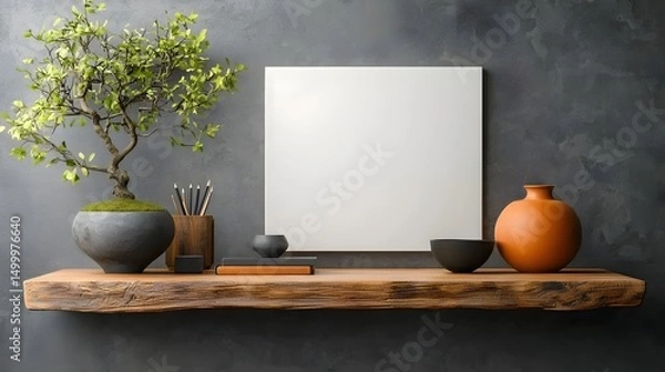 Fototapeta A tranquil home office space with a vintage wooden desk and natural elements